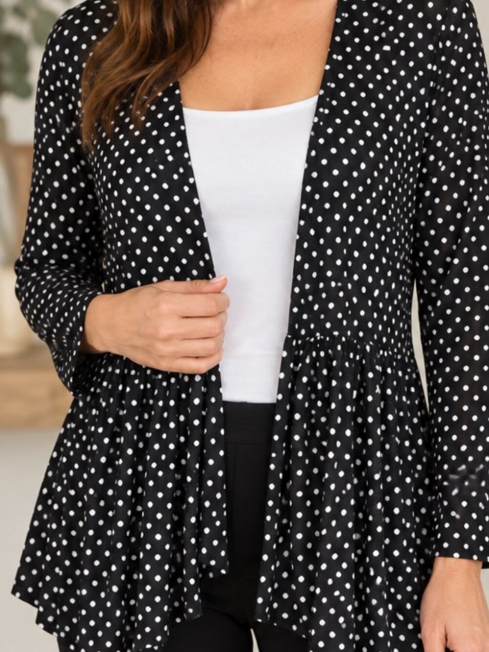 Cypio Black White Polka Dot Sheer Open Front Peplum Cardigan L
